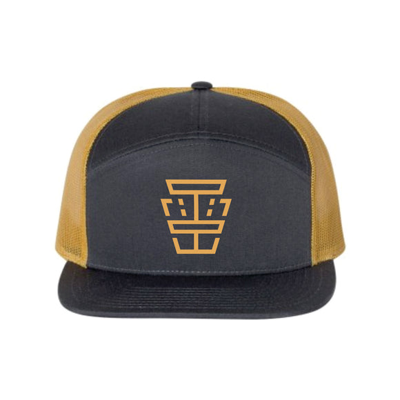 Camber Keystone Hat: Gray and Gold 7 Panel